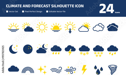Climate and forecast silhouette collection with moon stars and tornado