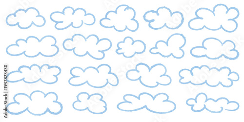 Set of light blue watercolor clouds. Sky blue translucent brushstrokes of various shapes. Cloudy, airy, fluffy clip art drawn with paint brush. Vector graphics