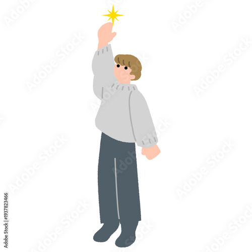 高い星に手を伸ばす人物のフラットイラスト（目標達成・あと一歩のイメージ）