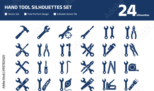 Hand tool silhouettes set with wrench hammer and screwdriver icons