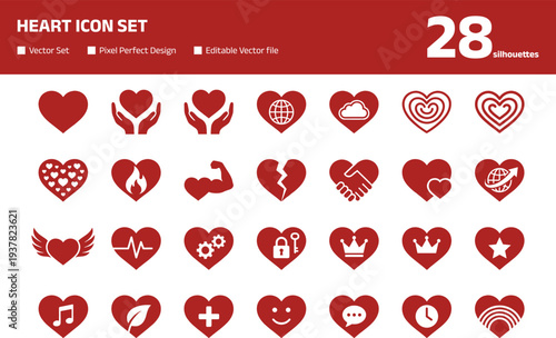 Heart icon set with diverse romantic and symbolic silhouettes featuring love health global connection handshake broken heart wings crown and musical notes for valentine day design