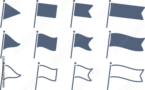 丸みを帯びたシンプルな紺色の4種類の旗のバリエーション素材セット