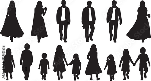 Set of Diverse People Silhouettes, Adults and Children Walking Vector isolated PNG with Transparent Background