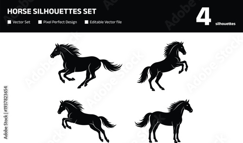 Horse silhouettes set with majestic stallion action poses featuring galloping jumping rearing and standing wild horses isolated on white background for equestrian and nature design