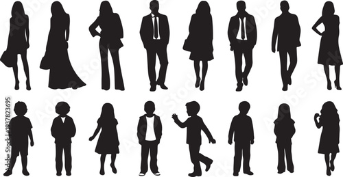Set of diverse people silhouettes. Collection of adult men, women, and children isolated vector graphics. isolated PNG with Transparent Background