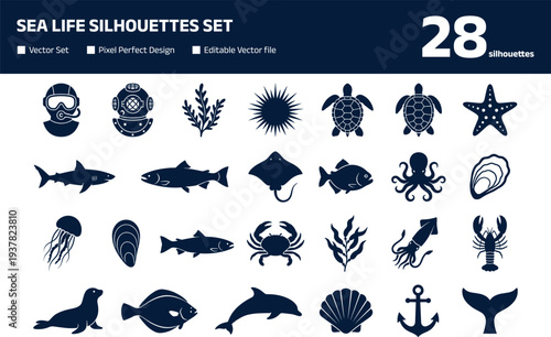 Sea life silhouettes set with diverse marine animal and underwater icons