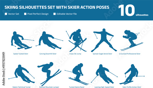 Skiing silhouettes set with professional skier action poses