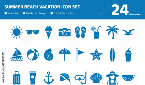 Summer beach vacation icon set with sun sunglasses ice cream camera flip flops cocktail palm tree seagull sailboat beach ball seashell umbrella starfish surfboard and travel luggage silhouettes
