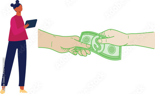 Illustration shows a woman passing money to another person, indicating a financial exchange or aid.