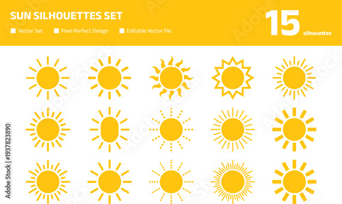 Sun silhouettes set with diverse minimalist solar star icons