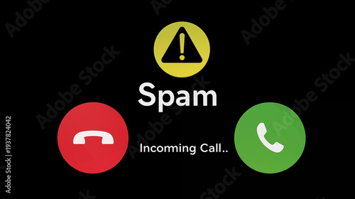 Modern spam incoming call screen featuring warning icon, red and green call buttons on black background. Ideal for cybersecurity, scam awareness, fraud prevention