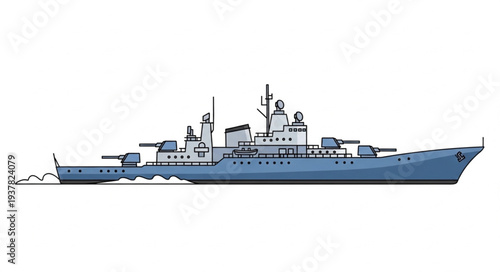 Blue Naval Warship Illustration Side View.