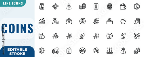 Pixel perfect line icon set for coins, money, finance, and banking. Editable stroke vector illustration containing money bag, piggy bank, wallet, investment, and savings symbols.