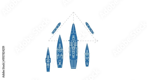 Blue Sailing Yachts on White Background.