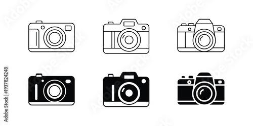 Photo camera icon set in outline and glyph styles