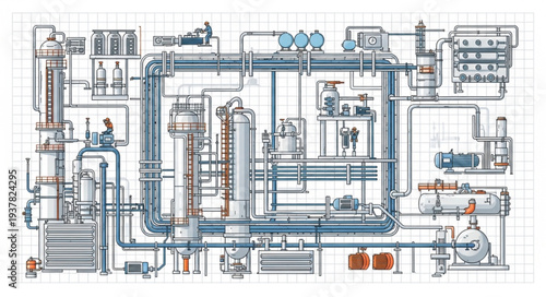 Industrial plant schematic diagram with pipes and machinery.