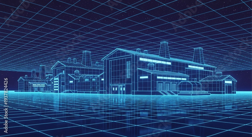 Digital Blueprint of a Modern Industrial Factory Building.