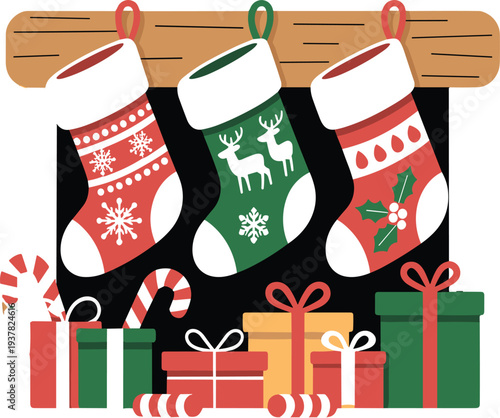 Three red and green christmas stockings hanging with presents and candy canes vector illustration