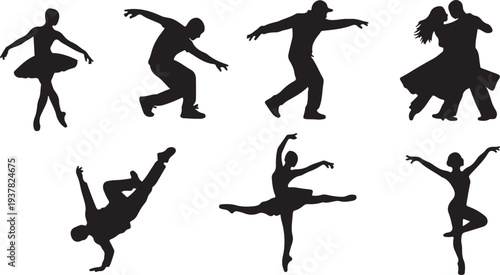 Set of Black Dancing People Silhouettes in Various Styles Isolated Vector isolated PNG with Transparent Background