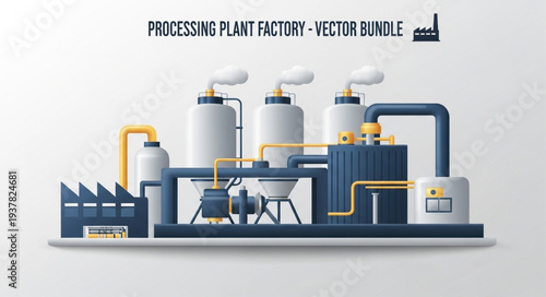 Modern industrial processing plant factory with pipes and tanks.