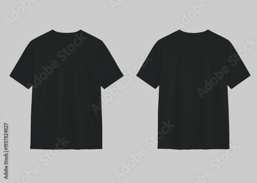 Versatile black crew neck short sleeve t-shirt, front and reverse views, isolated on a light grey background, perfect for custom clothing designs and brand showcases
