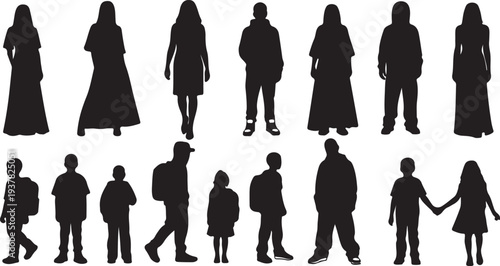 Set of black vector silhouettes of diverse people, men, women, and children, isolated PNG with Transparent Background