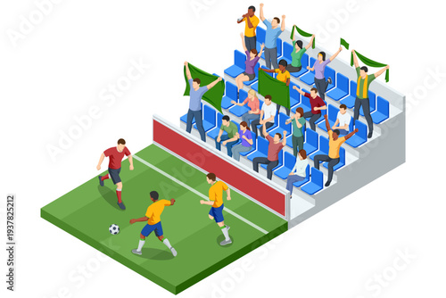 Isometric football stadium crowd cheering during soccer match with fans waving flags. Sport supporter celebration. Championship competition, teamwork, training and professional stadium sport event.