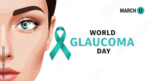 Illustration of a woman's face with a green ribbon for World Glaucoma Day awareness, promoting eye health and vision care with a focus on glaucoma prevention and education.