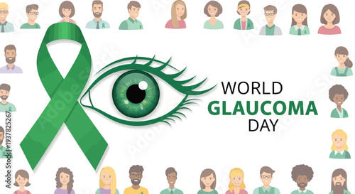 Illustration of a green eye with a ribbon for World Glaucoma Day awareness, surrounded by diverse people, promoting eye health and vision care.