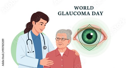Illustration of a female doctor supporting an elderly woman with a glaucoma awareness design and eye health concept on World Glaucoma Day against a clean background.
