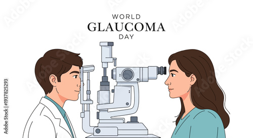 Illustration of an ophthalmologist examining a patient's eyes with a phoropter on World Glaucoma Day to raise awareness about eye health and vision care.
