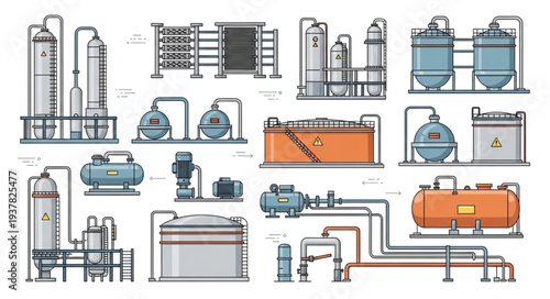 Industrial factory equipment and machinery illustration set.