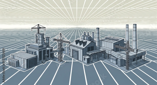 Industrial factory complex with cranes and smokestacks in a digital grid landscape.