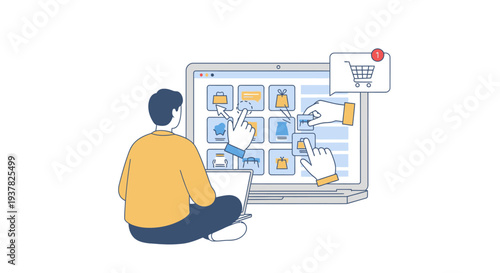 Man sitting cross-legged on floor interacting with large computer screen displaying shopping interface with various product images.