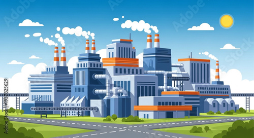 Modern industrial factory complex with smoking chimneys under a blue sky.