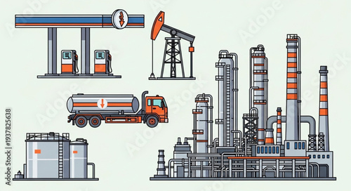 Industrial oil and gas extraction and distribution elements collection.