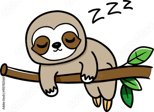 Cute sloth sleeping on tree branch with peaceful expression and Zzz symbols, relaxing nap theme, National Napping Day vector illustration, simple cartoon line art, isolated on white background”