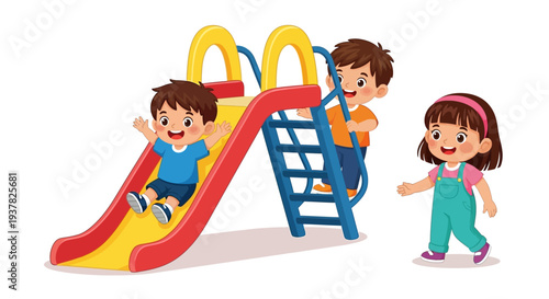 Happy children playing outdoors on a colorful playground slide structure having fun