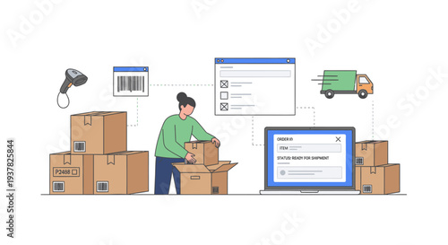 Illustration of a person packing and shipping boxes surrounded by a computer, delivery truck, and shipping labels on a clean white background.