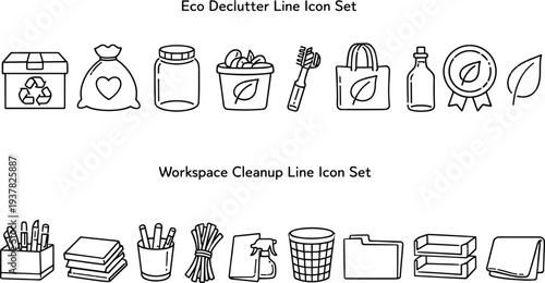 Eco friendly and workspace organization line icon set for sustainability and tidiness