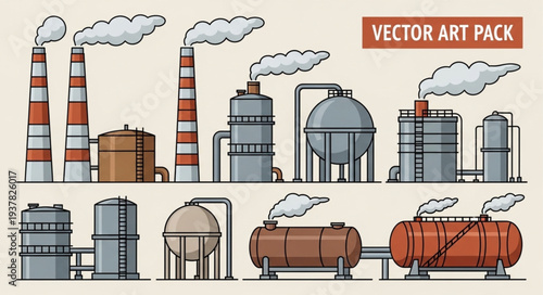 Industrial factory buildings with smoke stacks and tanks vector art.
