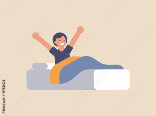minimal flat vector illustration of a person waking up in bed and stretching arms