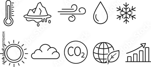 Climate change icons showing global warming, weather, and environmental impact