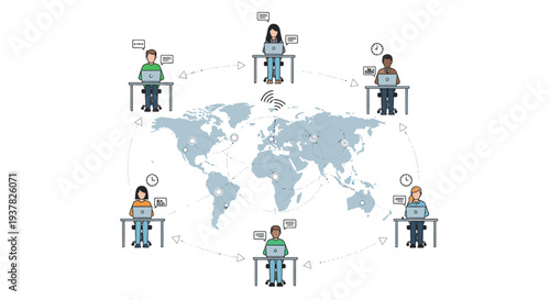 Illustration of diverse people sitting at desks around a world map with speech bubbles and lines connecting them in a circular formation on a white background.
