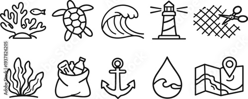 Collection of marine life and ocean conservation icons in a simple line art style