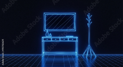 Futuristic neon outline of a modern living room setup.