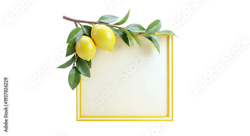 Lemons on a Branch with a Yellow Frame and Soft Yellow Background