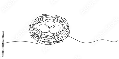 Abstract bird's nest with eggs, Continuous one line drawing of a bird nest. Vector illustration of a natural twig home with an egg isolated on.