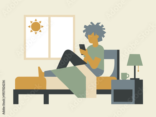simple flat vector illustration of a person sitting in bed checking smartphone