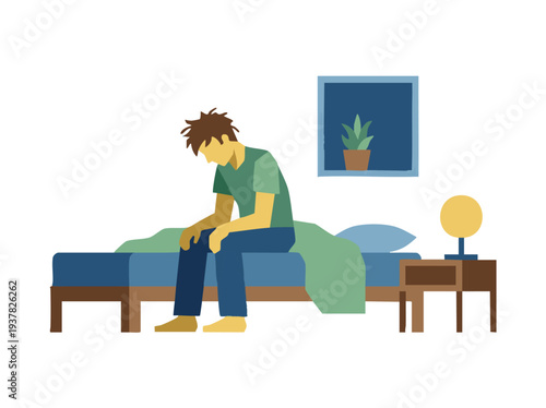 simple flat vector illustration of a person sitting on the edge of the bed after waking up